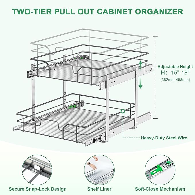 2-Tier Pull Out Cabinet Organizer (11" W x 22" D), Soft Close Cabinet Slide Out Shelves, Heavy Duty Slide Out Drawers with Shelf Liner for Kitchen Cabinets, Pantry Storage, Bathroom