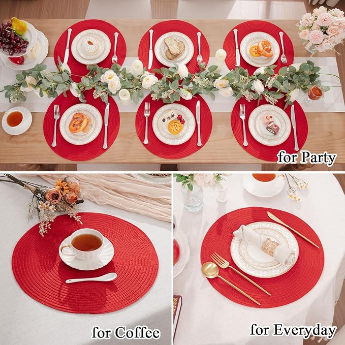 SHACOS Round Placemats Set of 4 Non Slip Washable Place Mats 15 inch Cotton Polyester Braided Placemat for Christmas Home Wedding Party Dining Table Decor (Red, 4)