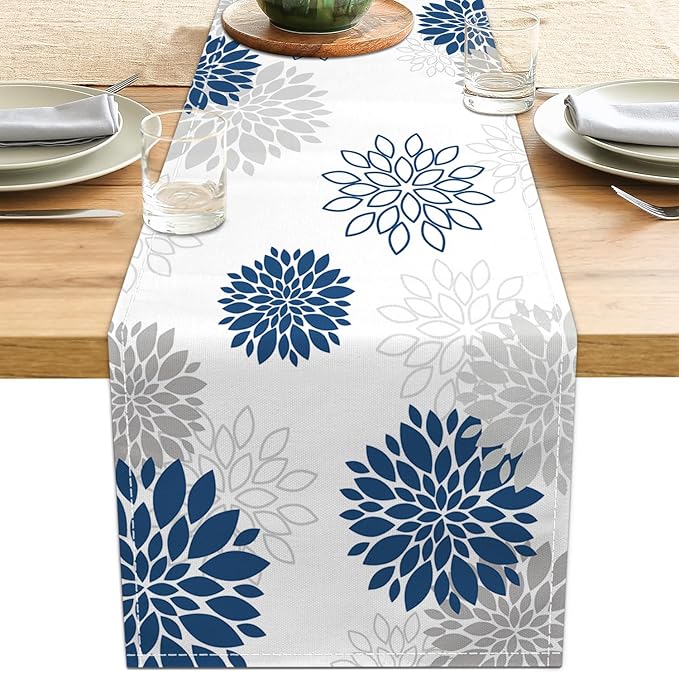 Dahlia Flower Table Runner 13x36 Inch Farmhouse Blue Gray Runners Modern Table Decorations Rustic Geometric Coffee Table Runner for Home Kitchen Dining Room Party (13"x36", Dahlia Floral-Blue)