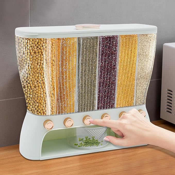 6 Grids Grain Dispenser Can, Cereal Rice & Grain Storage Container Multigrain Tank Rice Dispenser Dry Food Grain Dispenser with Measuring Cup for Grains Rice Dry Food Beans (22.05Lbs Light Green)