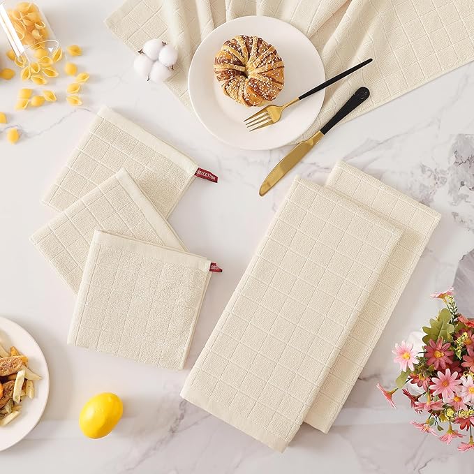 Homaxy Kitchen Towels and Dishcloths Set, 12 x 12 and 13 x 28 Inches, Set of 8 Bulk Cotton Terry Kitchen Towels Set, Checkered Designed, Soft and Super Absorbent Dish Cloths, Beige