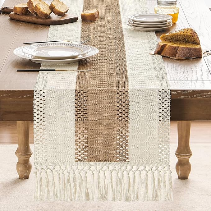 ZeeMart Macrame Style Bicolor Stitching Table Runner, 14 x 108 Inch Brown/Ivory, Boho Neutral Table Runners 108 Inches Long, Farmhouse Woven Home Decor