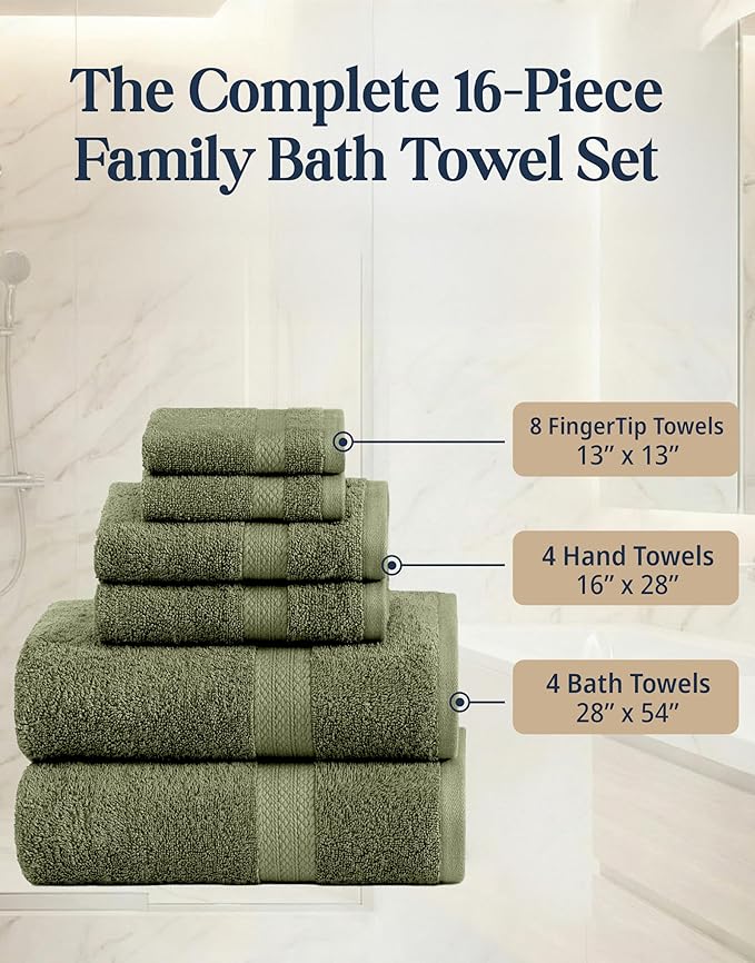LANE LINEN Luxury Cotton Bath Towel Pack of 16 - Softer, Highly Absorbent & Durable - 4 Bath, 8 Wash cloths, 4 Hand Towels for Bathroom - Premium Look, Spa Quality, Solid Dyed Towels - Oil Green