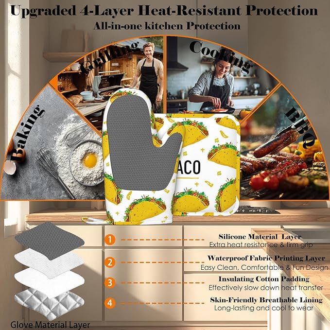 Taco Time Heat-Resistant Oven Mitts and Pot Holder Kitchen Non-Slip Silicone Cooking Microwave Gloves for Cooking Baking Grilling