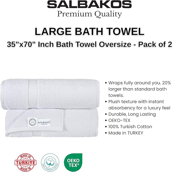 SALBAKOS 100% Turkish Cotton Bath Sheet Towels Set of 2-Piece White | 35x70 in Extra Large Bath Towels | Premium Hotel Quality, Thick, Soft, Super Absorbent Oversized Bath Towel (White, 2 Bath Sheets)