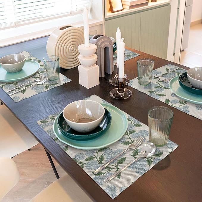 Blue Green Spring Placemats Set of 4 Hydrangea Flower Decor Place Mats 12x18 Inch Vintage Floral Summer Seasonal Decorative Linen Table Mats for Home Kitchen Dining Party Table Decoration