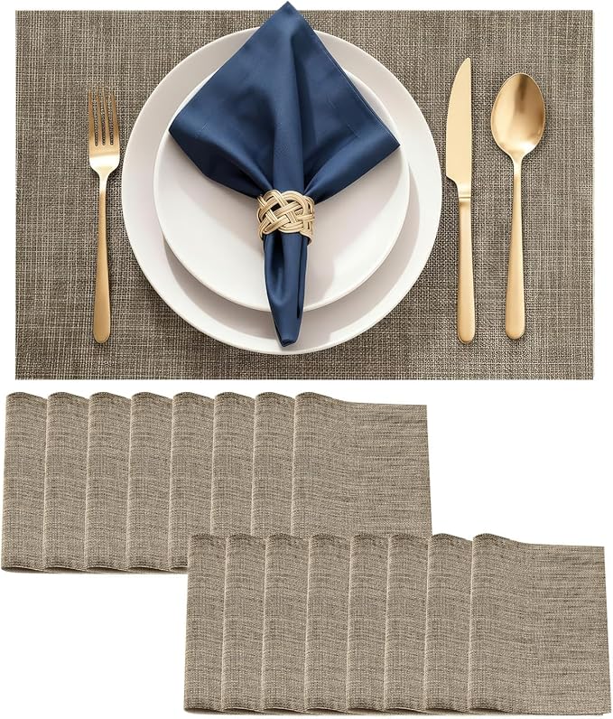 Durable Vinyl Placemats Set of 16, Non-Slip for Dining Table Mat, Heat Resistant Place Mats, Washable Anti-Slip PVC Easy to Clean Wipeable Premium Plastic Mats for Kitchen Brown