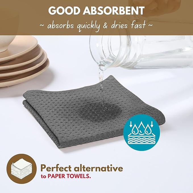 Native Fab Waffle 18 Pack Dish Cloths Set - 100% Cotton, Absorbent, Quick Drying, Washable Towels for Cleaning, Cooking & Baking - Great for Home, Restaurants, Bars & Cafes, 12x12 inches - Grey