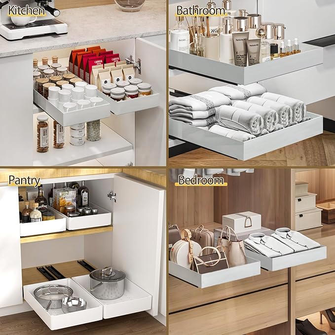 Heavy Duty Pull Out Kitchen Cabinet Organizer,ABS Material Prevent Rust Kitchen Organization,No Punch for Cupboard, Bathroom Cabinet Organizer, Pantry, Slide Out Drawers Shelf Storage,3 Size