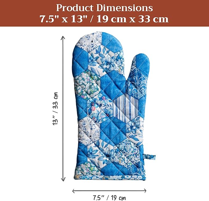 Maison d'Hermine Oven Gloves 100% Cotton Oven Mitt 7" x 13" with Loop Heat Resistant BBQ Cooking Gloves Baking Grilling Gifts for Mothers Day Spring/Summer (Pack of 1, Summer Blues)