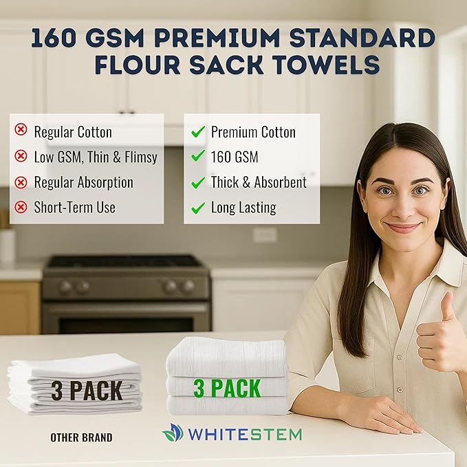Flour Sack Towels 18” x 28” – Pack of 3 Cotton Kitchen Towels, Dish Towels and Tea Towels for Embroidery, Thick Absorbent for Baking & Bread Proofing - Natural