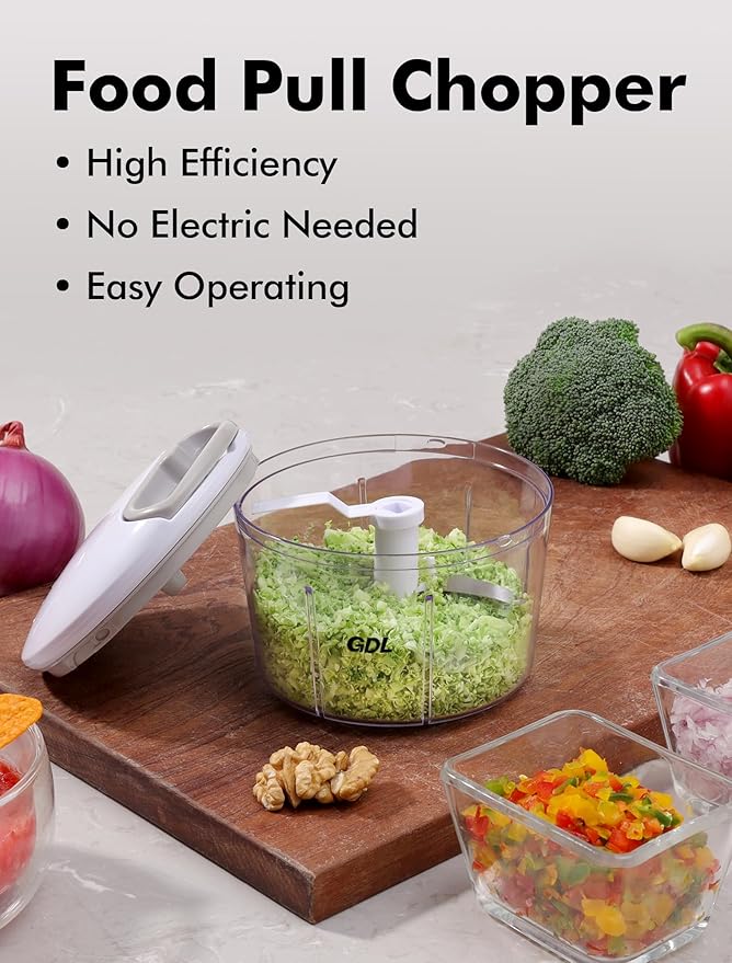 GDL Food Chopper, Pull Onion Chopper Dicer, Hand Powered Food Chopper, Fast Cutting Hand Chopper Mincer for Oinon, Garlic, Nut, 3.4 Cups 0.8L, White