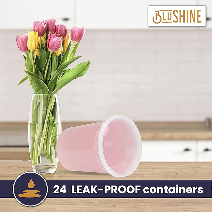 BluShine [24 Sets] 32 oz. Plastic Deli Food Storage Containers with Airtight Leak Proof Lids - Reusable - Microwave, Fridge, and Freezer Safe