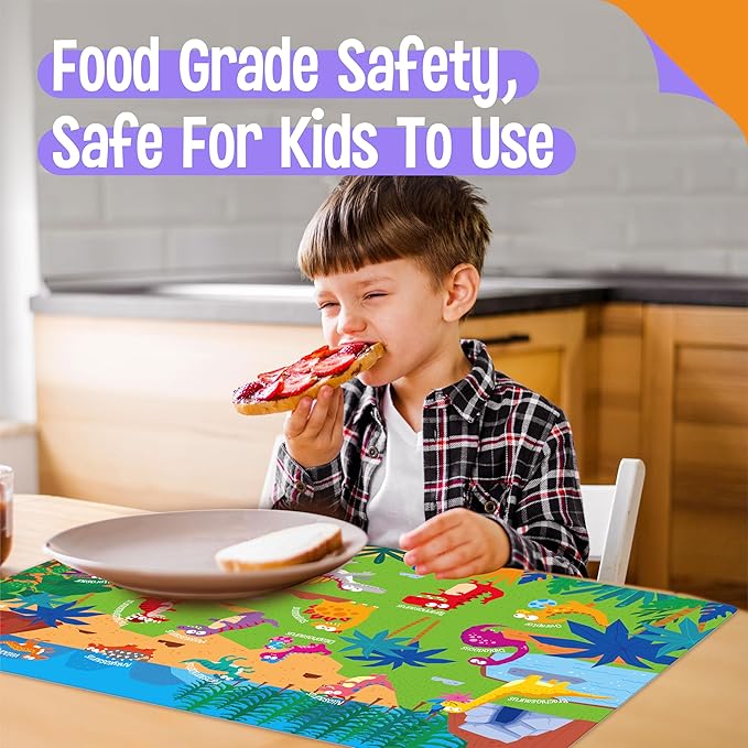 6 Pack Placemats for Kids, Non-Slip Washable Dining Mats, Reusable Jungle, Underwater World, Farm, Dinosaur, Vehicle & Magic World Table Mats for Home, Kindergarten, Classroom, Nursery