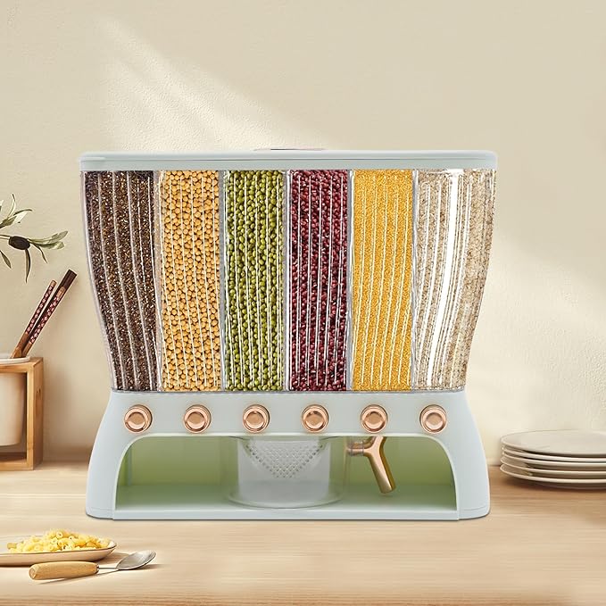 6 Grids Grain Dispenser Can, Cereal Rice & Grain Storage Container Multigrain Tank Rice Dispenser Dry Food Grain Dispenser with Measuring Cup for Grains Rice Dry Food Beans (22.05Lbs Light Green)