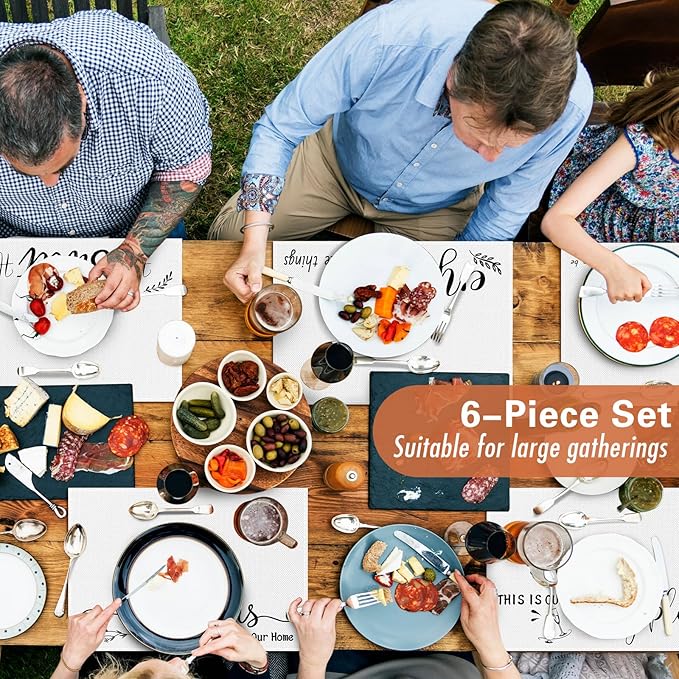 Farmhouse Placemats Set of 6 Linen Placemats 18x12'' Rustic Table Mats with Sayings Housewarming Gifts Country Tablemats Washable Cloth Place Mats for Farmhouse Table Setting(White)