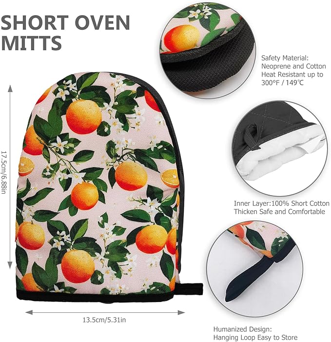 Orange Oven Mitts, High Heat Resistant Kitchen Oven Gloves, Mini Silicone Oven Mitts, Non-Slip Grip Surfaces and Hanging Loop for Grilling, Baking, Cooking and Microwave, Gift