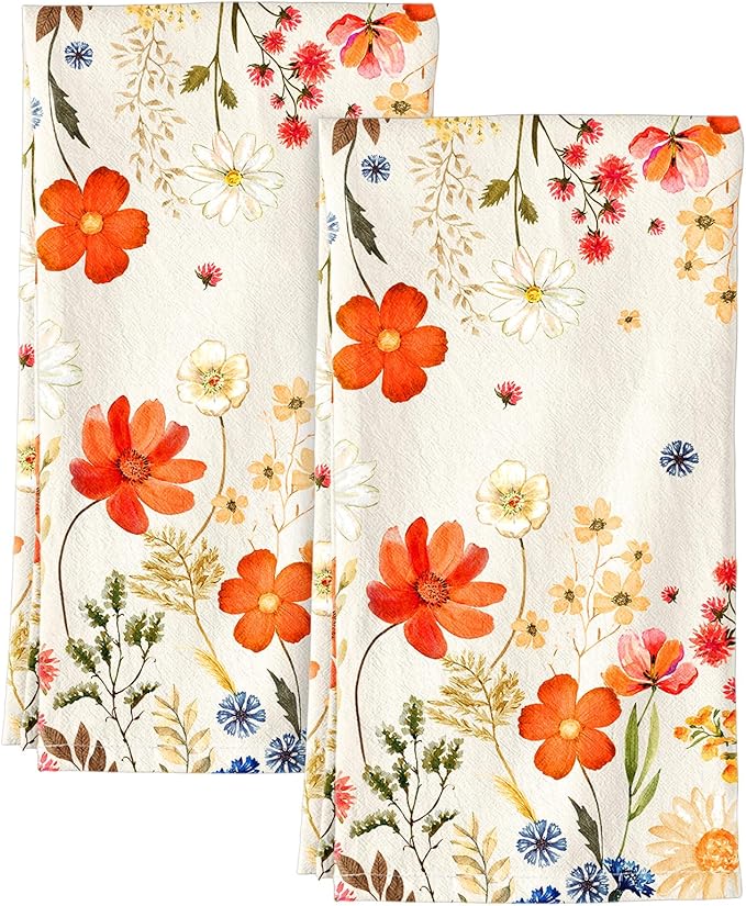 Miss Adola Flour Sack Kitchen Towels Set of 2-18x26 Cotton Dish Towels with Hanging Loop Reusable Tea Towel for Cleaning Spring Absorbent Dishcloths Cute Home Decor Housewarming, Red Flower