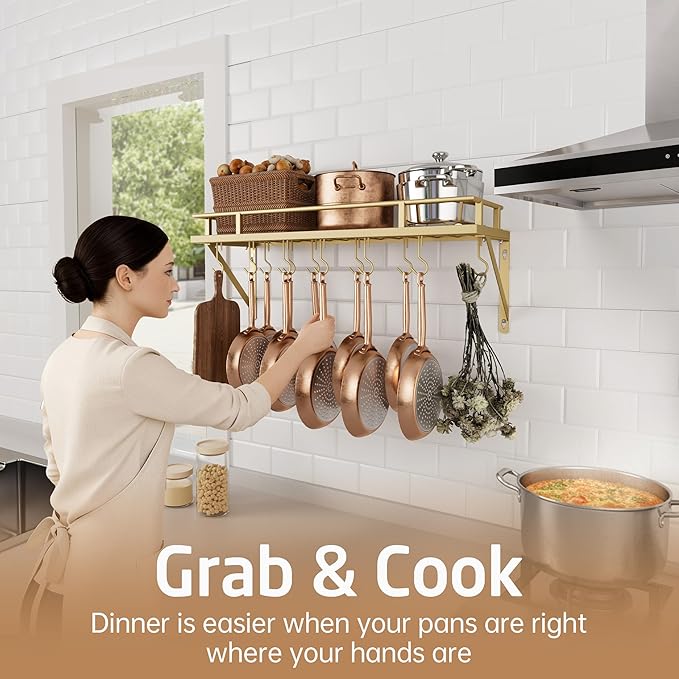 KES 30-Inch Gold Pot Rack, Wall Mounted Hanging Pot and Pan Organizer with 12 Sturdy Hooks, Elegant Modern Kitchen Wall Hanger Shelves, KUR215S75A-GD
