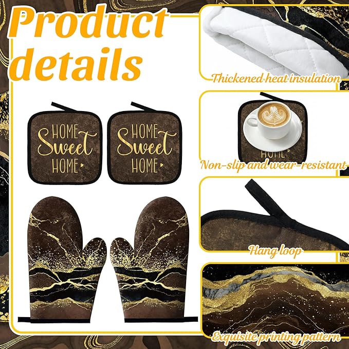 Fourluoo 10 Pcs Kitchen Dish Towels Rugs Oven Mitts and Pot Holders Kit Farmhouse Kitchen Decor Set Gloves Vintage Potholders for Baking Cooking Chef(Brown,Modern)