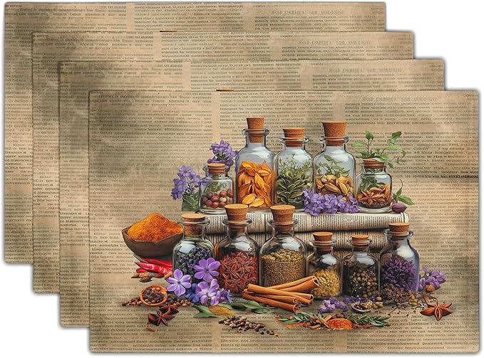 Retro Herbs Linen Placemat Set Brown Dining Table Mat 4pc for Home Indoor Outdoor Decor