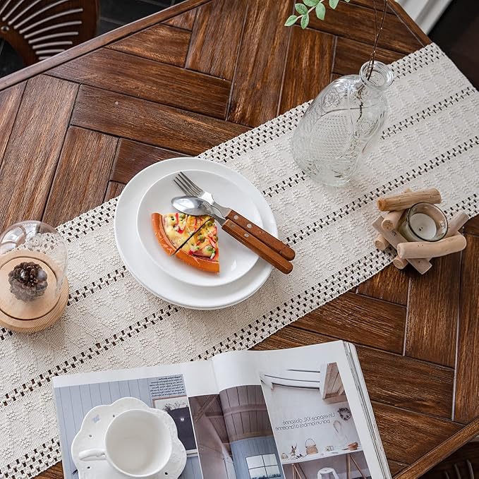 Alynsehom Macrame Table Runner Cream Beige Boho Table Runners with Tassels Hand Woven Cotton Table Runner Rustic Farmhouse Table Runners for Bohemian Kitchen Dining Table(12x108in)