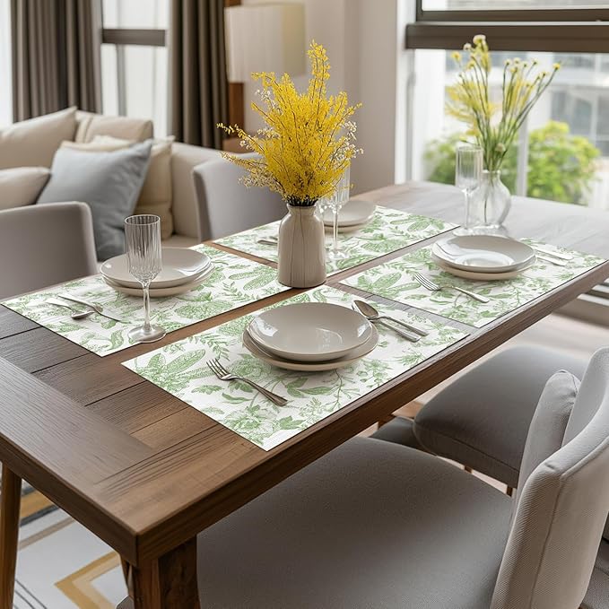 Artoid Mode Green Floral Brids Spring Vinyl Placemats Set of 4, Washable Heat Resistant Non-Slip Woven Plastic PVC Place Mats for Farmhouse Holiday Party Dining Table Decor