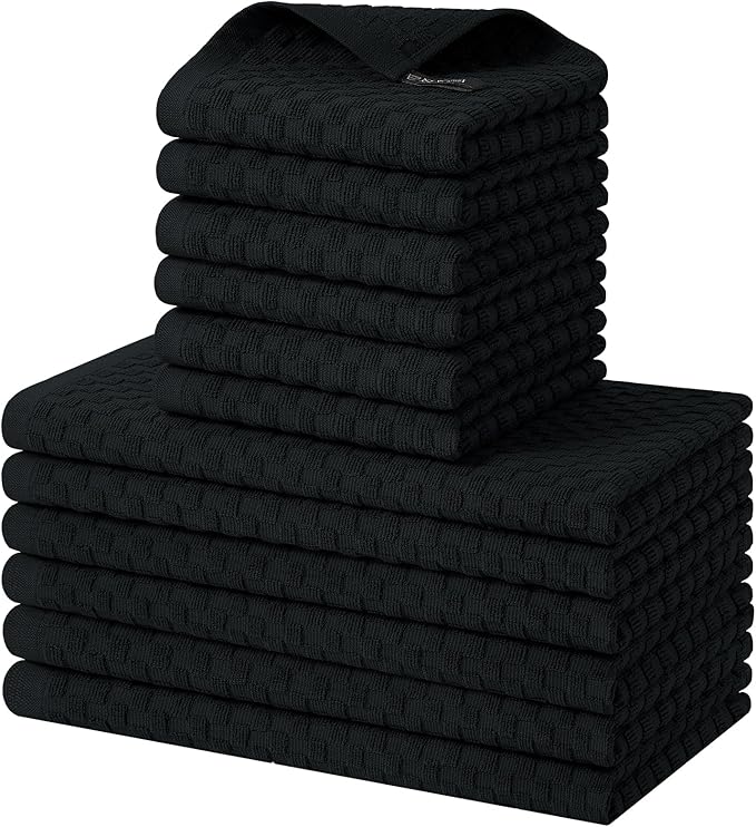 Homaxy 100% Cotton Kitchen Towels and Dishcloths Set, 12 x 12 & 15 x 25 Inches, Set of 12 Bulk Terry Cloth Dish Towels, Super Soft and Absorbent Hand Towel with Hanging Loop, Black