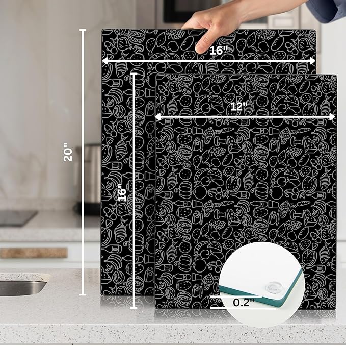 Kitchenville Glass Cutting Board 16"x12": Tempered Glass Kitchen Counter Protector - Durable- Scratch-Resistant, Heat-Proof - Design 4 - Black Design