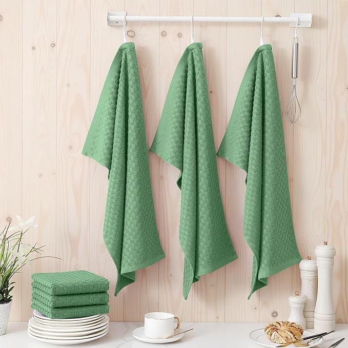 Homaxy 100% Cotton Terry Kitchen Towels(15" x 25", 12 Pack), Soft and Super Absorbent Dish Towels, 380 GSM Reusable Tea Towel with Hanging Loop, Pineapple Grid Designed, Grass Green