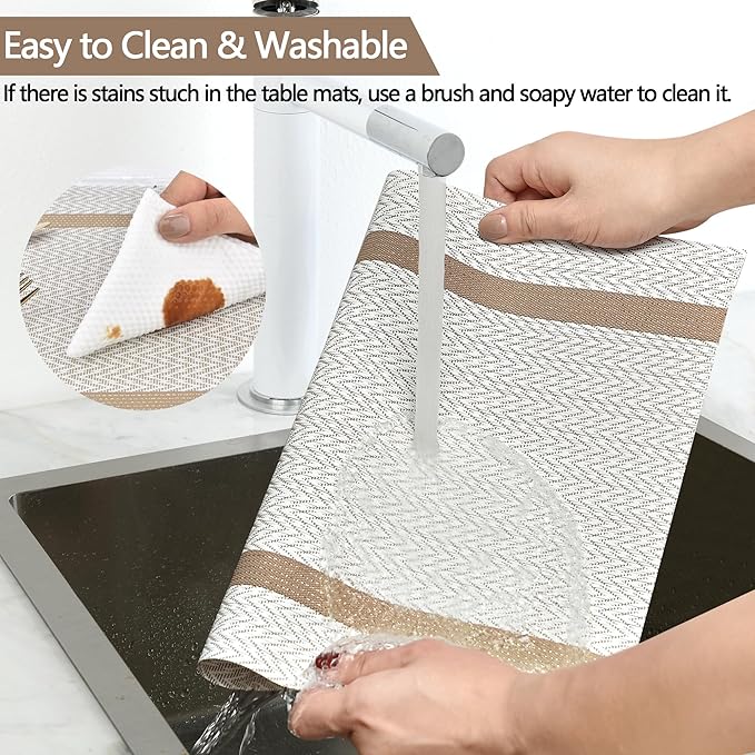 SLKQG Beige White Placemats Set of 8 - Easy Clean Modern Durable Washable Vinyl Place Mats - Heat Resistant Placemats for Kitchen Table - PVC Table Mats for Dining Table (Beige White with Stripes, 8)