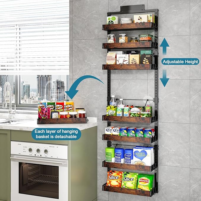 bukfen Over the Door Pantry Organizer, 8-Tier Adjustable Wooden Basket Kitchen Pantry Door Organization and Storage, 2 in 1 Wall Mount or Hanging Heavy-Duty Metal Hanging Kitchen Spice Rack, 1 Pack