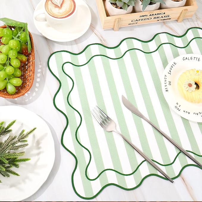 Whaline Green Stripe Linen Placemats Embroidered Scalloped Kitchen Place Mats for Spring Party Home Dining Table Decor, Set of 6, 13 x 19 in