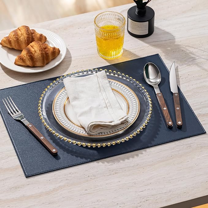 Faux Leather Placemats Set of 8 Vinyl Washable Wipeable Table Mats for Kitchen Dining Table Heat Resistant Waterproof Modern Indoor/Outdoor Placemats Non-Slip Easy Clean Place Mats (Navy Blue)
