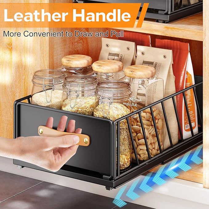 Pull out Cabinet Organizer,Heavy Duty Slide out Pantry Shelves Drawer Storage with Adhesive Nano Film,Sliding Mesh Cabinet Basket with Handle for Kitchen, Bathroom, Home, 9.8"W X 15.7"D X 6.2"H,Black