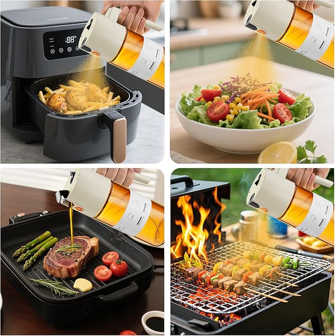 LUKUMIQI 2 in 1 Oil Sprayer for Cooking, 17oz Light-Blocking Glass Spray Bottle with Stickers, Oil Dispenser for Salad, Air Fryer & BBQ