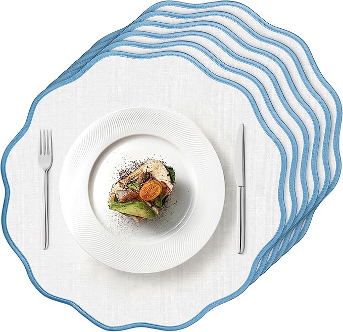 Set of 6 Scallop Linen Placemats, 15 Inch Blue and White Round Placemats Cotton Linen Table Mats Handcrafted Machine Washable Wrinkle Free Dining Placemat for Hotel Restaurant Kitchen