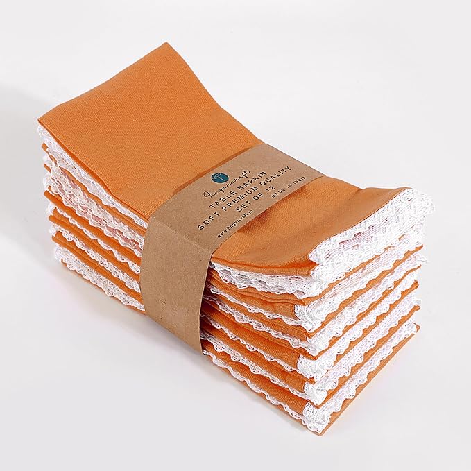Fingercraft Dinner Cloth Napkin Cotton Linen Blend 12 Pack Mitered Corners with Elegant Lace for Everyday Use Napkins are Pre Shrunk and Good Absorbency (Rust, 20in x 20in (Set of 12)) Easter Color