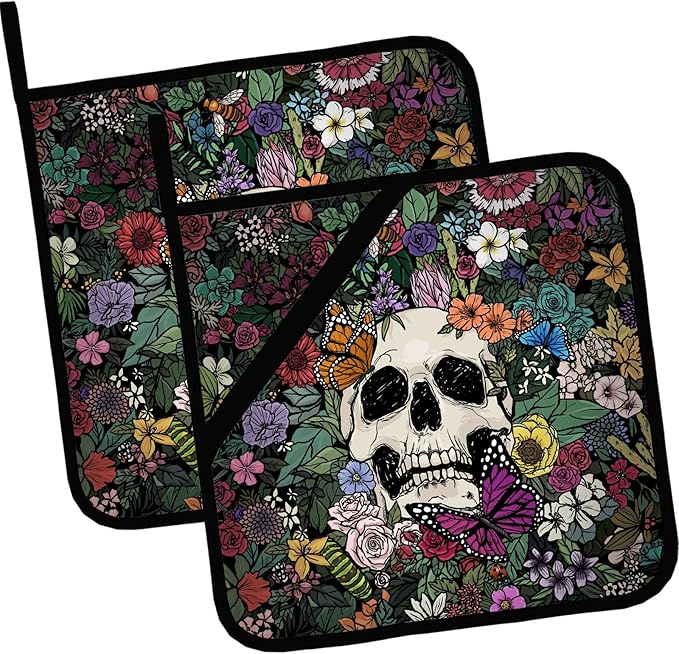 Skulls and Flowers Pot Holders 2 PCS,Kitchen Heat Resistant Hot Pads for Cooking Grilling Baking BBQ, Pot Holders for Women Cook Home Microwave