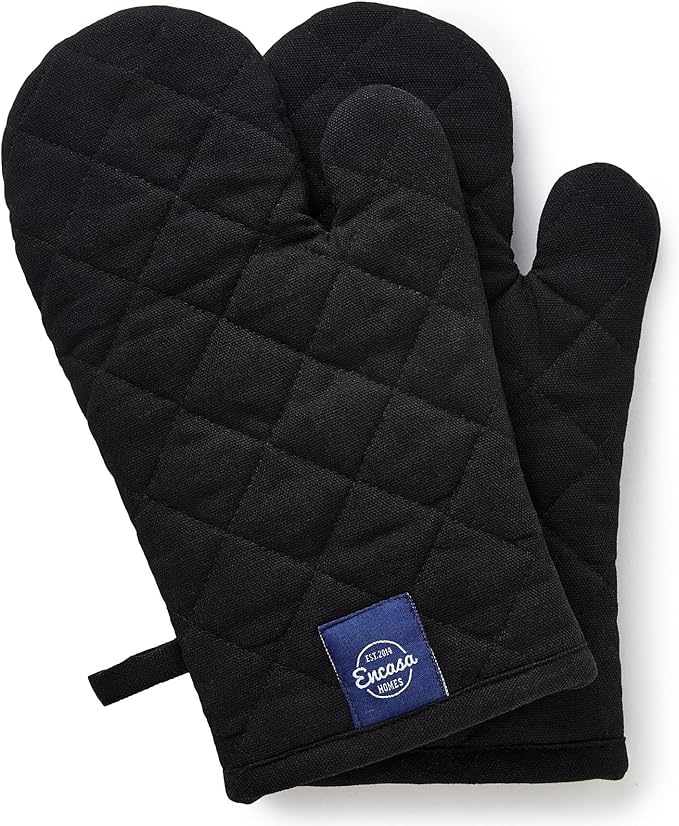Encasa XO Heat Resistant Cotton Oven Gloves Mitts (2 Pc Set) - Quilted & Safe 12x6.6 in - for Kitchen, Cooking & Baking, Grilling, Handling Hot Pots & Pans - Full Black