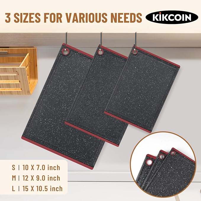Kikcoin Plastic Cutting Boards for Kitchen, 3-Piece Large Cutting Board Set Dishwasher Safe Chopping Boards with Non-slip Feet and Juice Grooves, Red