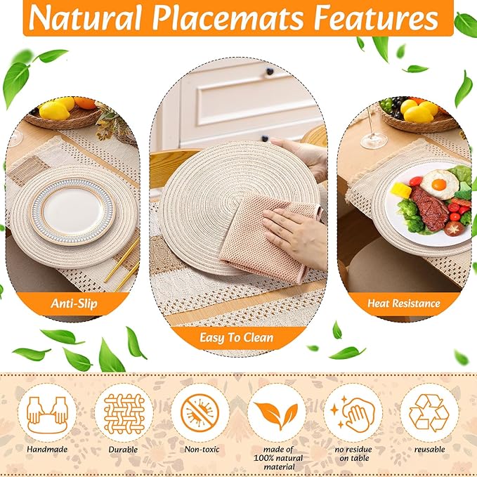 8 Sets Boho Placemats Set Round Woven Placemats, Cloth Napkins, Wood Bead Napkin Rings, White Table Runner with Tassel and Farmhouse Rustic Cotton Burlap for Kitchen (Style 1)
