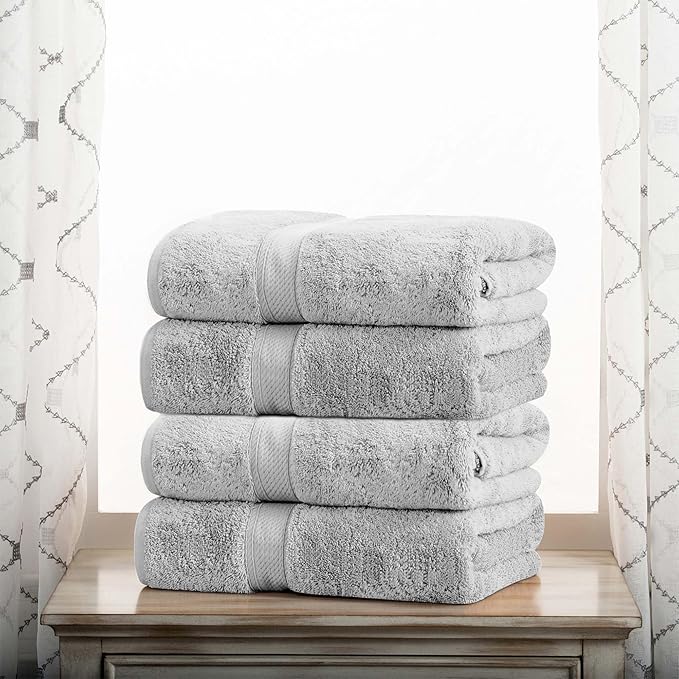 Superior Egyptian Cotton Pile Bath Towel Set of 4, Ultra Soft Luxury Towels, Thick Plush Essentials, Absorbent Heavyweight, Guest Bath, Hotel, Spa, Home Bathroom, Shower Basics, Silver