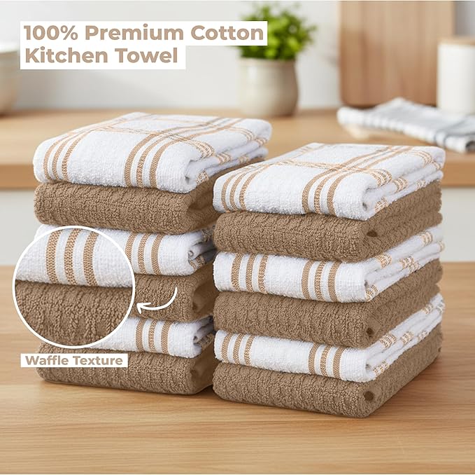 RIVERSIDE Pack of 12 Premium Kitchen Towels 16 x 26 Inches, 100% Cotton Kitchen Hand Towels, Super Soft and Highly Absorbent Dish Towels for Kitchen (Tan)