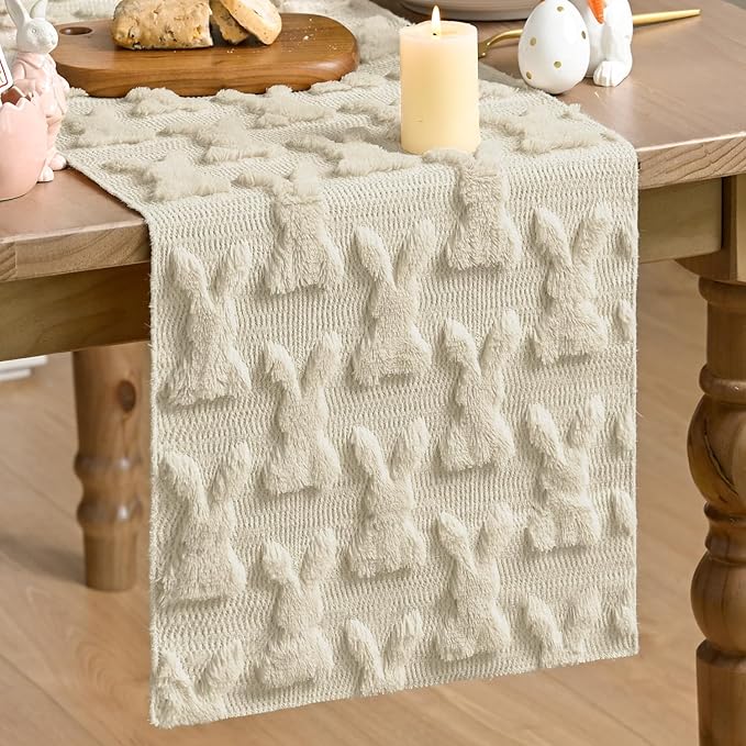 Artoid Mode Beige Soft Plush Faux Fur Jacquard Bunny Rabbit Easter Table Runner, Seasonal Kitchen Dining Table Decoration for Home Party Decor 13x90 Inch
