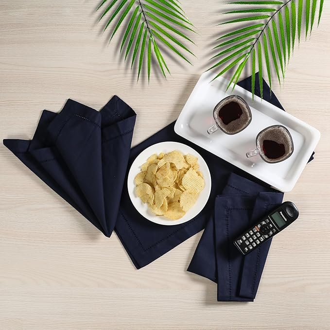 Lightnpro Hemstitched Cotton Cloth Napkins Set of 12-18x18 Inch Navy Dinner Napkins, Washable Fabric Napkins, Christmas & Holiday Table Linens, Elegant Cloth Napkins for Special Occasions