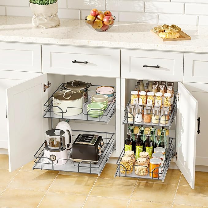2-Tier Pull Out Cabinet Organizer (11" W x 22" D), Soft Close Cabinet Slide Out Shelves, Heavy Duty Slide Out Drawers with Shelf Liner for Kitchen Cabinets, Pantry Storage, Bathroom
