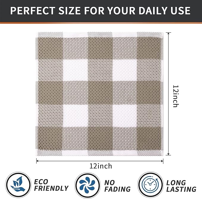 Mordimy 100% Cotton Waffle Weave Plaid Dish Cloths, 12 x 12 Inches, Super Soft and Absorbent Quick Drying Buffalo Check Dish Rags for Kitchen, 12-Pack, Khaki & White