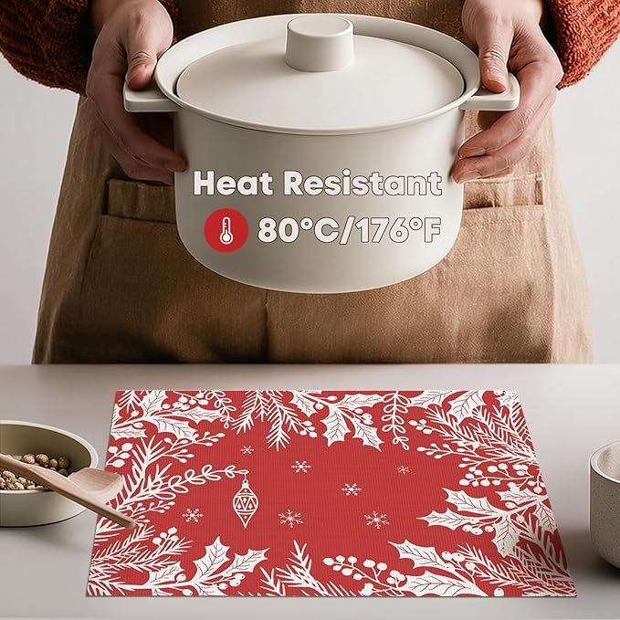 Artoid Mode Red Weed Wild Flower Vinyl Plastic Placemats Set of 4, 12x18 Inch Woven Washable Non-Slip PVC Place Mats for Party Kitchen Dining Decor