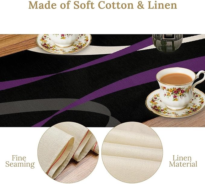 Abstract Geometric Table Runner Purple Grey and White Striped Black Background Modern Kitchen Dinner Runner for Indoor Home Living Room Party Dining Table Decoration 13"x90"